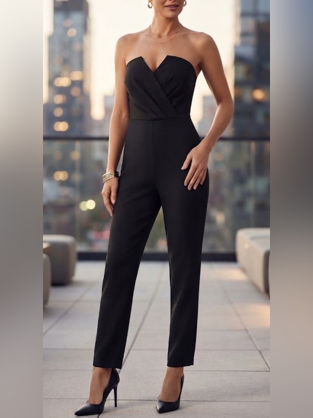 bebe Black Strapless corset Sweetheart back tie Jumpsuit evening party S/4